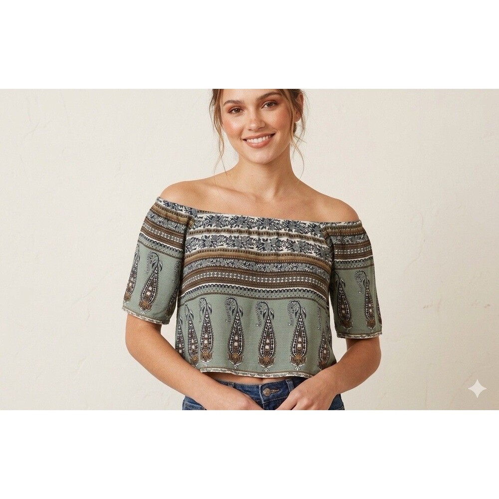Forever 21 Boho Paisley Green Peasant Blouse Cropped Top Size M Y2K Whimsy